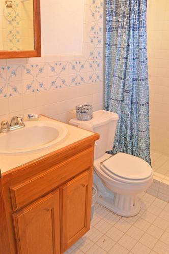 a bathroom with a toilet and a sink and a shower curtain at Playa Romantica in Puerto Peñasco