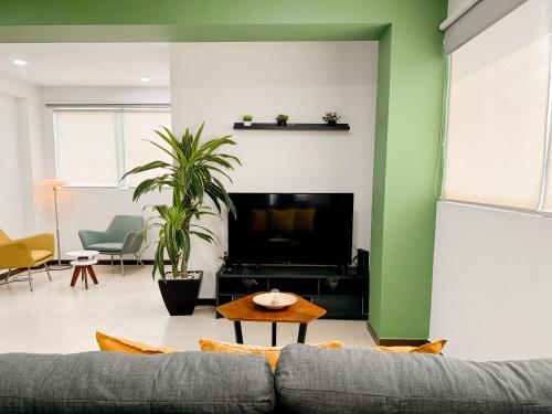 a living room with a couch and a tv at Acogedor y hermoso cerca del Foro Sol, AICM y Coyoacán in Mexico City