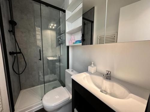 une salle de bain avec un lavabo, des toilettes et une douche dans l'établissement Résidence Le Pelvoux I - RESIDENCE LE PELVOUX I MAE-0001, à Vars
