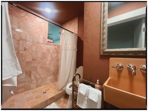 a bathroom with a shower and a toilet and a sink at Thames Home in Taylor