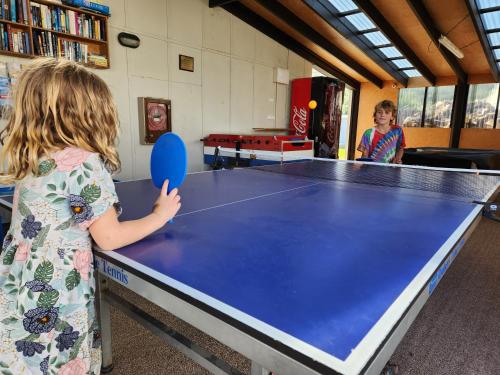 two children playing ping pong in a ping pong table at Hīmatangi Beach TOP 10 Holiday Park in Oroua Downs