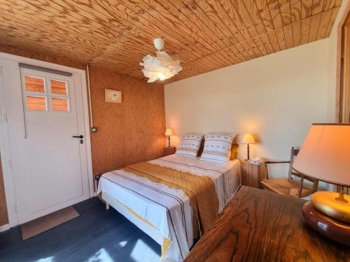 a bedroom with a bed and a wooden ceiling at Charmant gîte à Montbrison avec terrasse et jardin, parking, wifi - FR-1-496-329 in Montbrison
