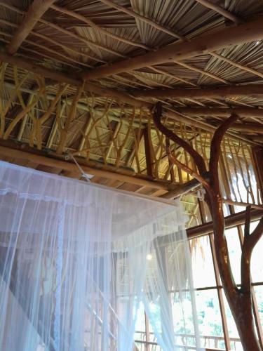 a wooden ceiling with a curtain and a tree at Wood Palace Ella in Ella