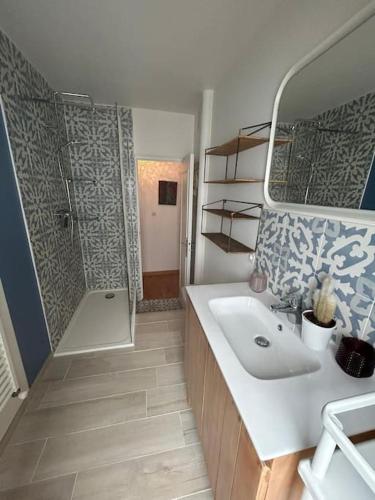 une salle de bain avec un lavabo et une douche dans l'établissement Duplex familial et confortable proche Zénith, à Caen