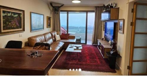 a living room with a leather couch and a television at Mount Dreams in Shoresh