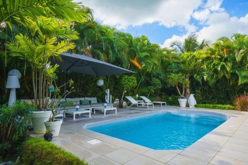 une piscine avec des chaises longues, un parasol et des arbres dans l'établissement Villa Cava, à Baie-Mahault
