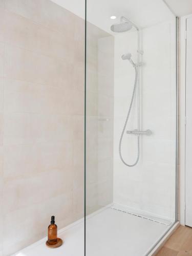 une douche avec une porte vitrée dans une salle de bain dans l'établissement A la Fleur de Ly, à Metz