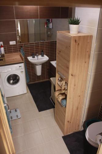 a small bathroom with a sink and a washing machine at Liptovská Panoráma in Liptovský Mikuláš