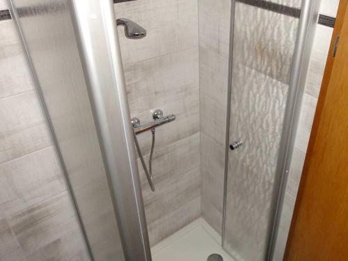 a shower with a glass door in a bathroom at Reetdachhaus "Landhaus Ulrich" in Lubkow