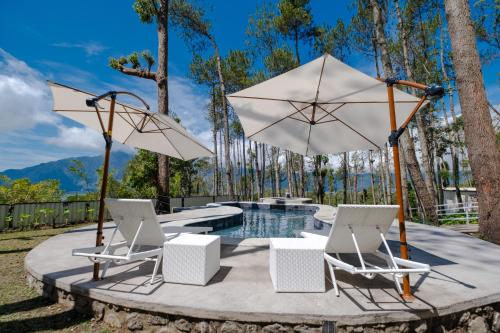 a patio with two chairs and a pool with umbrellas at La Pino Mount Batur and Hot Spring in Bangli