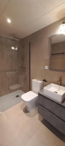 a bathroom with a toilet and a sink and a tub at La familia Apartaments Mijas Pueblo in Mijas