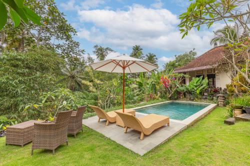 a patio with an umbrella and chairs next to a pool at Campuhan Guesthouse in Tabanan