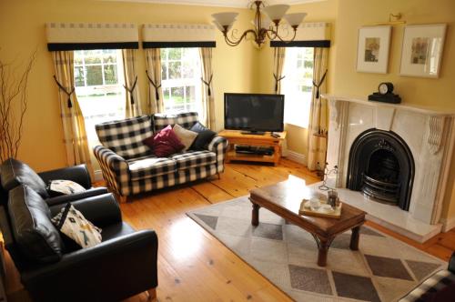 a living room with couches and a tv and a fireplace at Cherryville House in Portadown