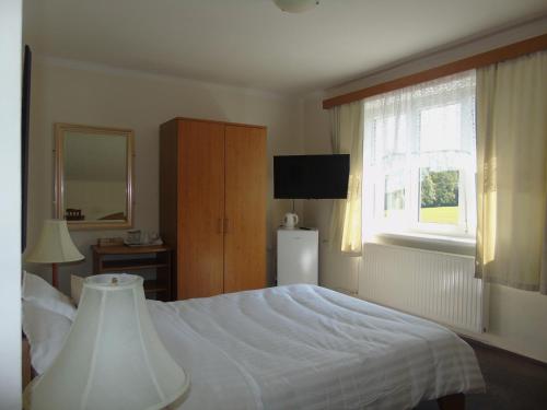 a bedroom with a white bed and a window at Toris Inn in Třinec