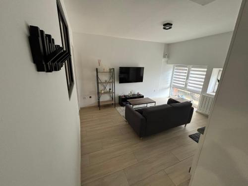 un salon avec un canapé et une télévision à écran plat dans l'établissement Petit appartement T2 confortable, à Lancrans
