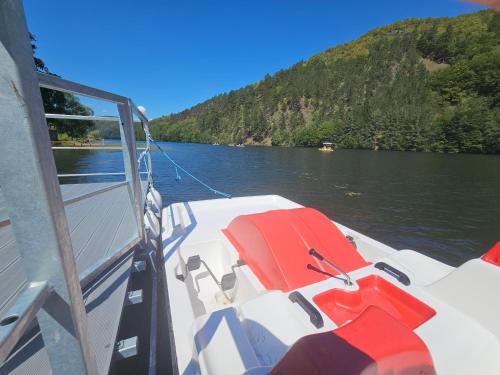 a boat on the water on a lake at Green Rock Cabin in Someşu Cald