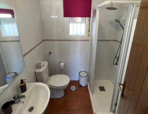 a bathroom with a toilet and a sink and a shower at Seaside Paradise Mazagon in Mazagón