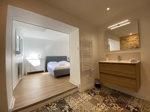 une chambre avec un lit, un lavabo et un miroir dans l'établissement Casa Jardin des Plantes : T2, à Angers