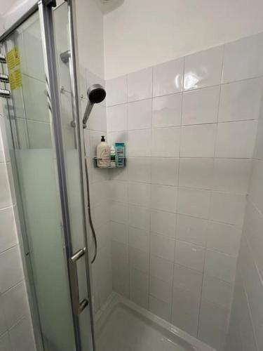 une douche avec une porte vitrée dans une salle de bain dans l'établissement Appartement confort Paris 15ème, à Paris
