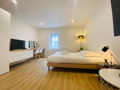 - une chambre avec un grand lit et une télévision dans l'établissement Casa Jardin des Plantes : Studio, à Angers