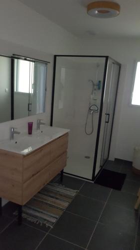 une salle de bain avec une baignoire, une douche et un lavabo dans l'établissement Les Menhirs, à Pleumeur-Bodou