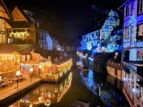 a city lit up at night with christmas lights at Cosy. 10mn du centre et de la gare. Garage gratuit in Colmar