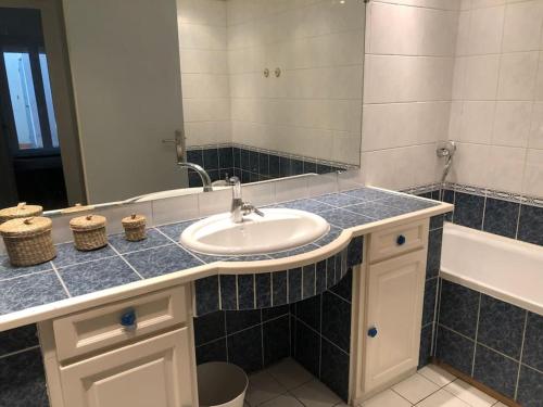 une salle de bain avec un lavabo, un miroir et une baignoire dans l'établissement Grand Appartement Mèze idéalement situé, à Mèze