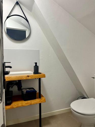 une salle de bain avec toilettes et miroir dans l'établissement Appartement 3 chambres centre ville Cholet 25min du Puy duFou, à Cholet