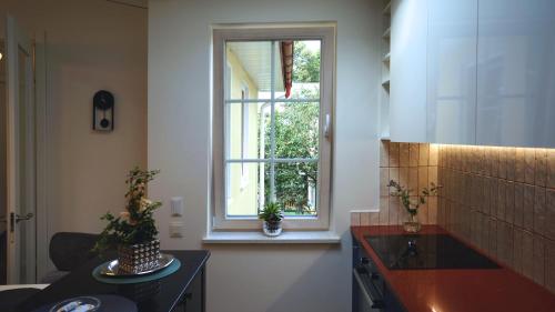 uma cozinha com pia e janela em Daina Apartments Self check-in em Vilnius