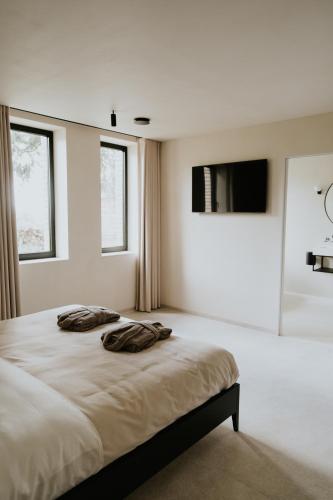 a bedroom with a bed with two pillows on it at Gerard Bronnen in Geraardsbergen