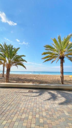 two palm trees on a sandy beach with the ocean at Casa Blanca in El Vendrell