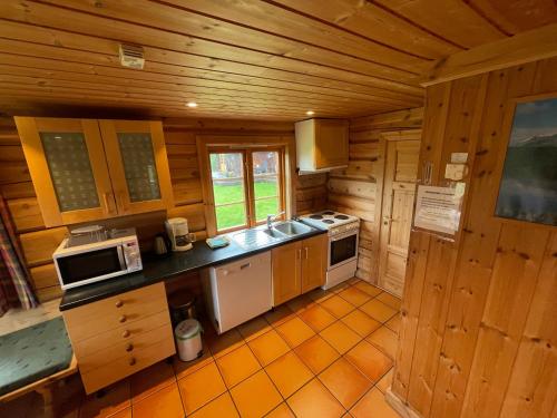 a kitchen in a log cabin with a stove and microwave at Rondane Sollia Friluftsliv Øvre Nordli in Sollia