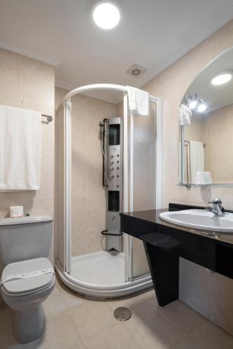 a bathroom with a shower and a toilet and a sink at Hotel Alda Santa Cristina in Perillo