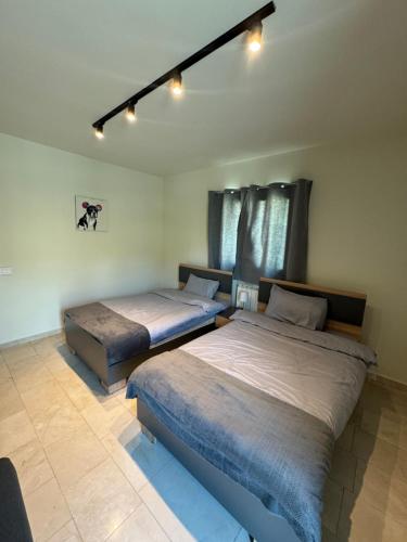 zwei Betten in einem Schlafzimmer mit Deckenbeleuchtung in der Unterkunft A Suites Apartments Faraya in ‘Ayn Barq