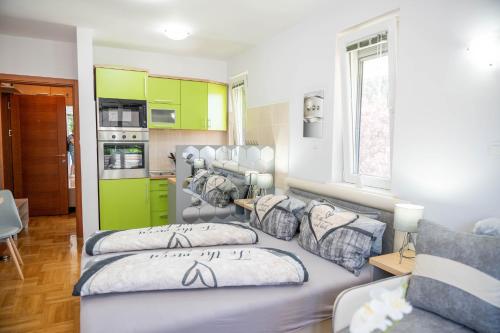 a living room with two beds and a kitchen at Flowers Oasis Studio Vrnjačka Banja in Vrnjačka Banja