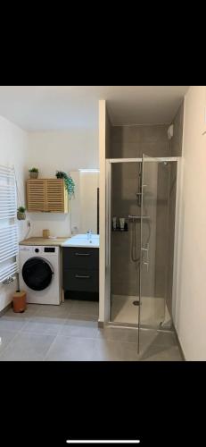 une salle de bain avec douche et lavabo dans l'établissement Le moderne boisé Disneyland Paris 10 min ' Parking, à Montévrain