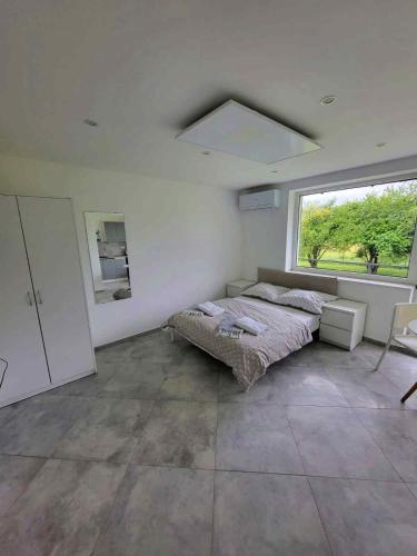 a bedroom with two beds and a window at Apartamenty Łokciowe in Smołdzino