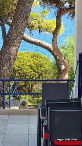 a computer monitor sitting in front of a tree at Poseidons Retreat optional el car and airporttrans in Sounio