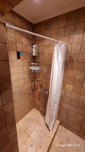 a shower in a tiled bathroom with a shower curtain at Poseidons Retreat optional el car and airporttrans in Sounio