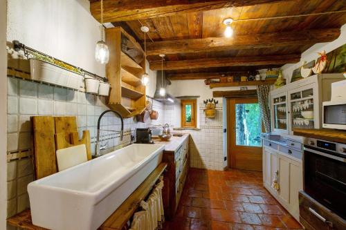 a kitchen with a large white sink and wooden ceilings at Le Chalet du Coq Rouge in Valtournenche