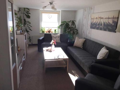 a living room with a couch and a table at "Marion s gute Stube" unweit vom Kummerower See in Kummerow