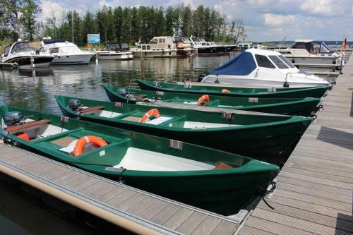 three green boats are docked at a dock at Ferienwohnung mit Seeblick - Fischerhafen Plauer See in Plau am See