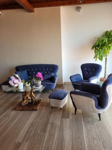 a living room with two blue chairs and a table at Terrazza sul mare in Scaletta Zanclea