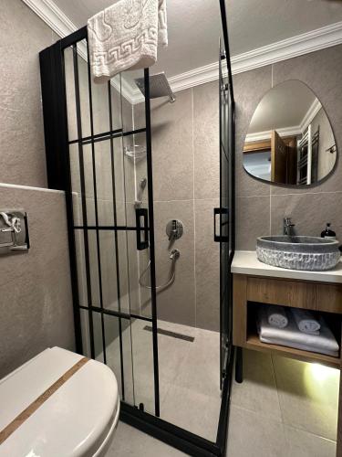 a bathroom with a shower and a toilet and a sink at Suuyla Kazdagları in Edremit