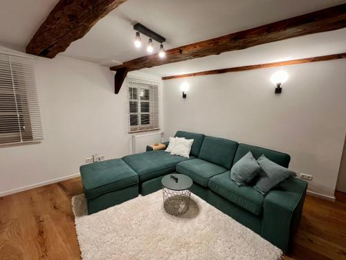 a living room with a green couch and a rug at Celle Old Town Hideaway in Celle