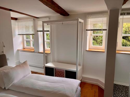 a bedroom with a bed and two windows at Celle Old Town Hideaway in Celle