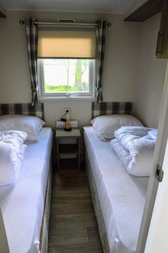 two beds in a small room with a window at Gezellig vakantiechalet in bosrijke omgeving op de Veluwe in Epe