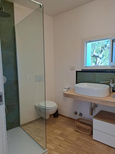 Un baño con ducha, inodoro y lavabo. en Villa Nilla, en Tellaro