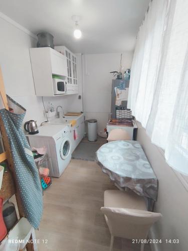 une petite cuisine avec un évier et une machine à laver dans l'établissement Appartement calme près des métros et des JO 2024, à Saint-Denis