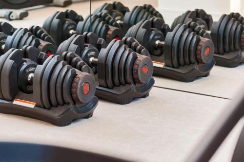 a row of dumbbells lined up in a gym at Luxury Seafront Villa Prestige Brac with private pool, sauna and gym and private sea deck at the beach on Brac island in Selca
